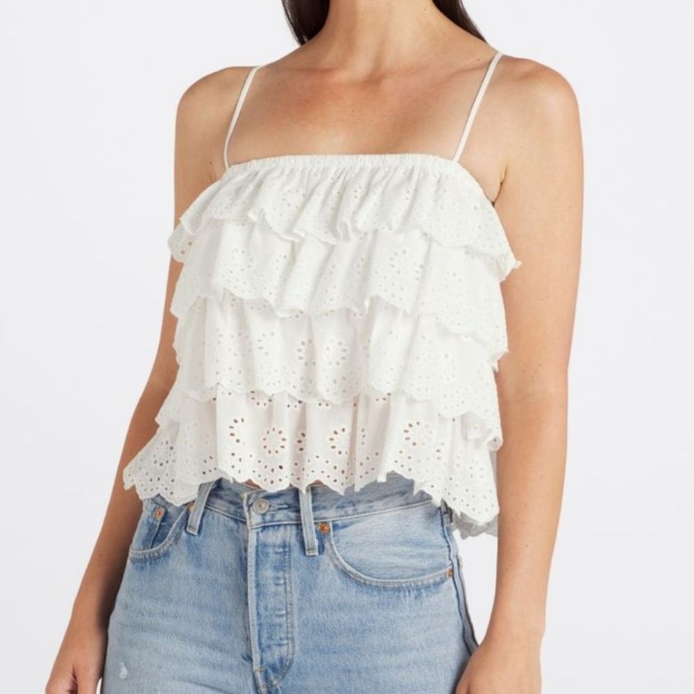 Heatherly‎ White Tiered Eyelet Ruffle Layered Festival Western Top Large NWT